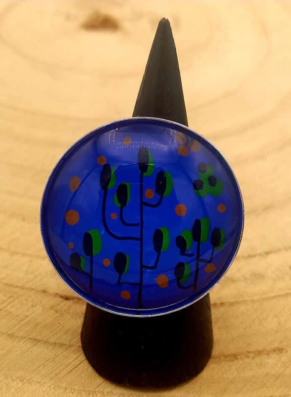 Grosse Bague en verre peint à la main - Bleu